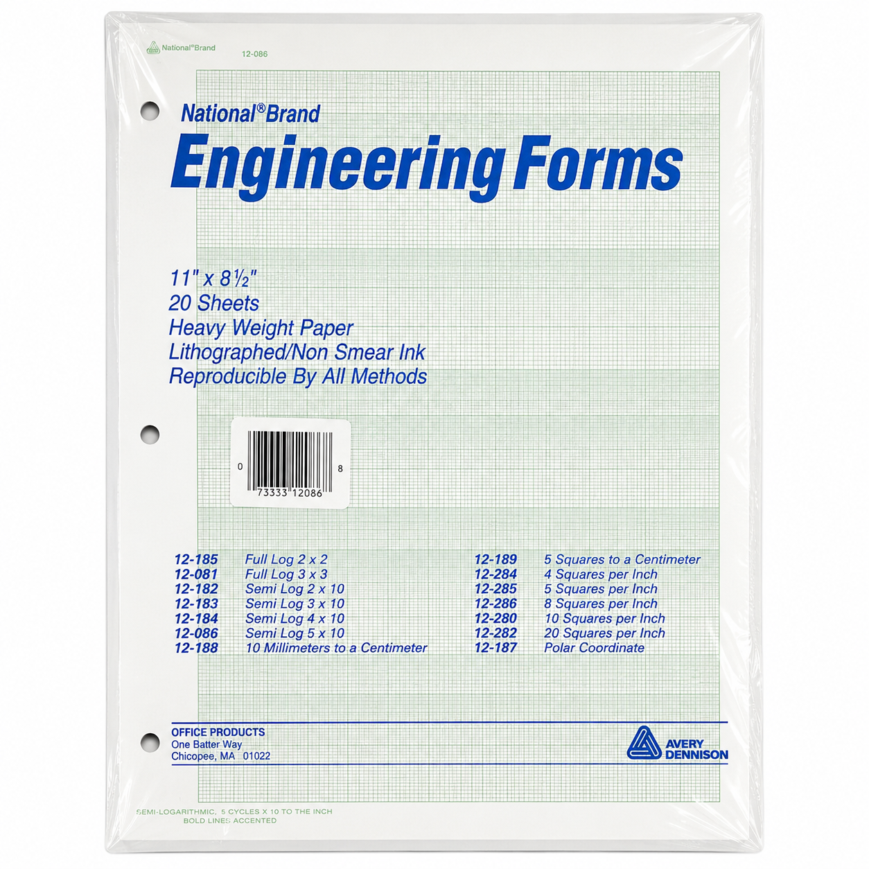 National® Engineering Forms 12-086 | Semi Log 5 × 10 | 11" × 8½" | 20 Sheets | Heavy Weight Engineering Graph Paper