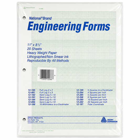 National® Engineering Forms 12-086 | Semi Log 5 × 10 | 11" × 8½" | 20 Sheets | Heavy Weight Engineering Graph Paper