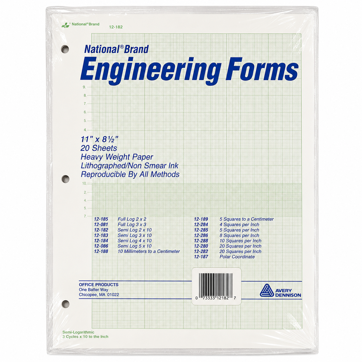 National® Engineering Forms 12-182 | Semi Log 2 × 10 | 11" × 8½" | 20 Sheets | Heavy Weight Engineering Graph Paper
