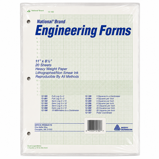 National® Engineering Forms 12-182 | Semi Log 2 × 10 | 11" × 8½" | 20 Sheets | Heavy Weight Engineering Graph Paper
