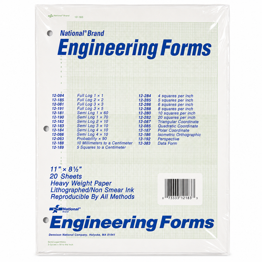 National® Engineering Forms 12-183 | Semi Log 3 × 10 | 11" × 8½" | 20 Sheets | Heavy Weight Engineering Graph Paper