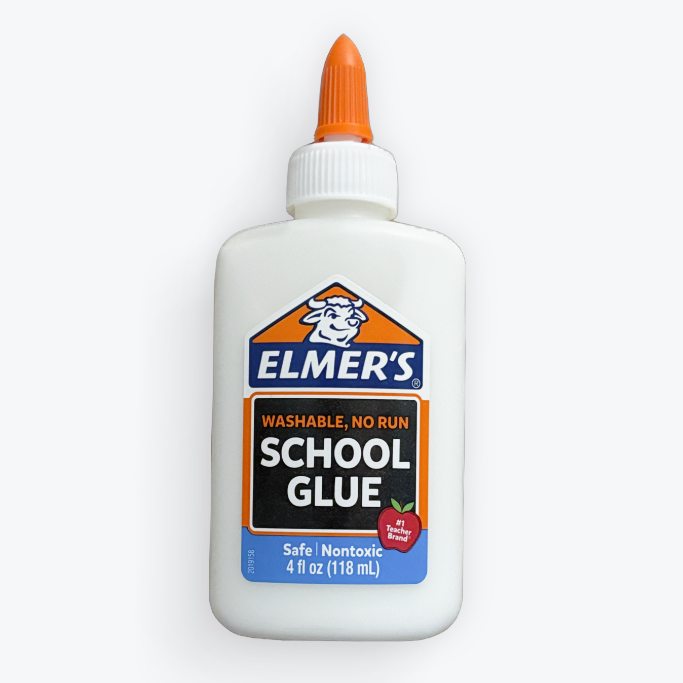 A bottle of Elmer's School Glue with a white plastic body, orange pointed cap, and a blue and orange label, centered on a light gray background.