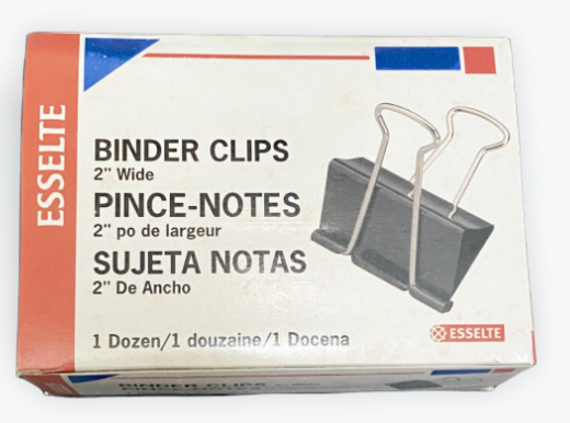 A box of Eselte binder clips, 2 inches wide, shown on a plain white background. The packaging is white with a coral-orange vertical band on the left, blue and red corner accents, and a printed image of two dark gray binder clips.