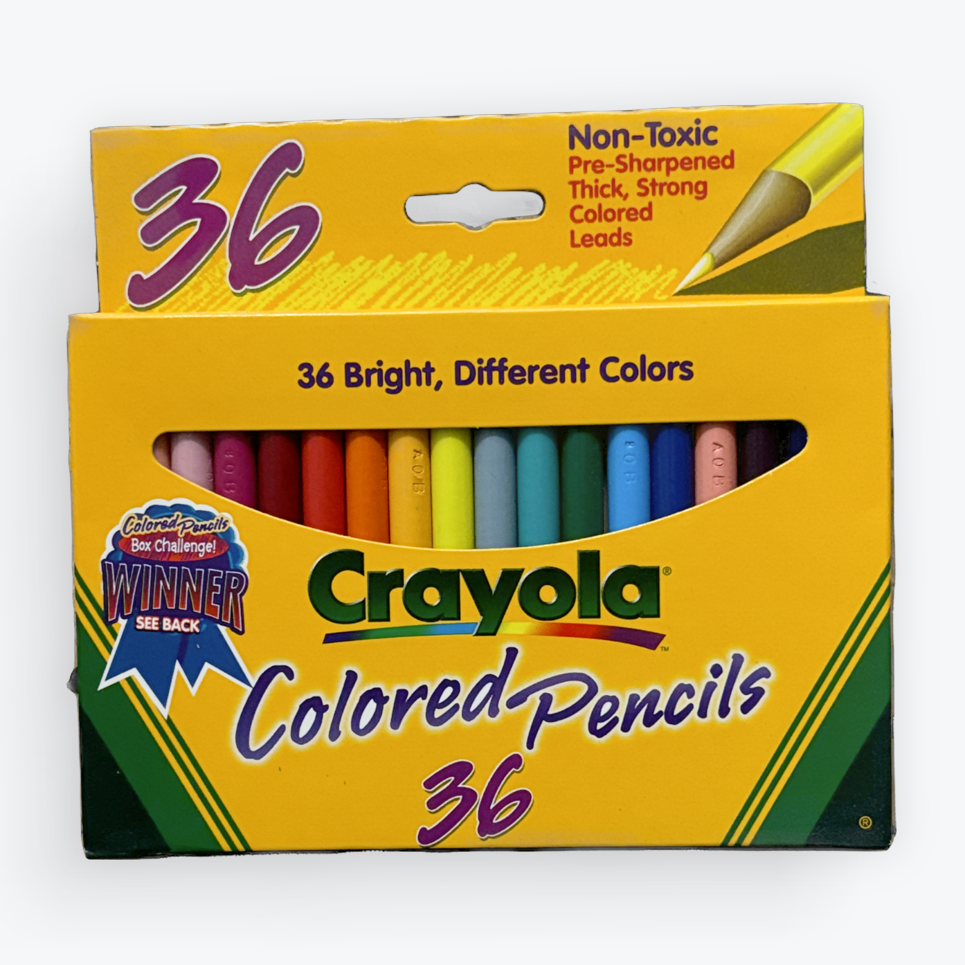 A box of Crayola colored pencils, 36 count, featuring a bright yellow packaging with a clear window showing the colorful pencils inside, set against a plain light gray background.