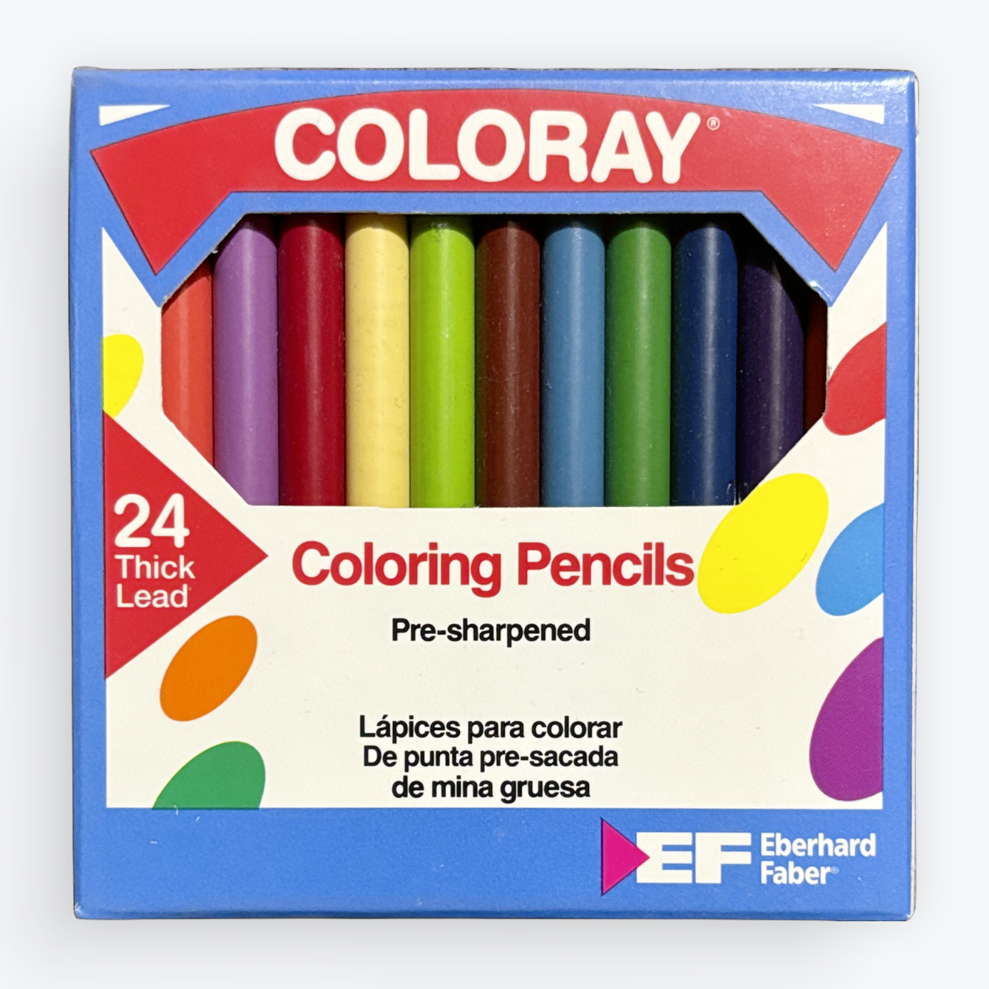 A box of 24 thick lead coloring pencils by Faber-Castell's Coloray line, featuring a blue and white packaging design with a clear window showing the colorful pencils inside.