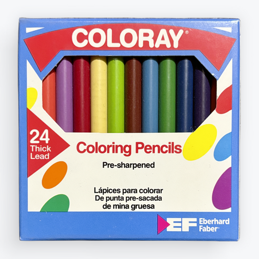 A box of 24 thick lead coloring pencils by Faber-Castell's Coloray line, featuring a blue and white packaging design with a clear window showing the colorful pencils inside.