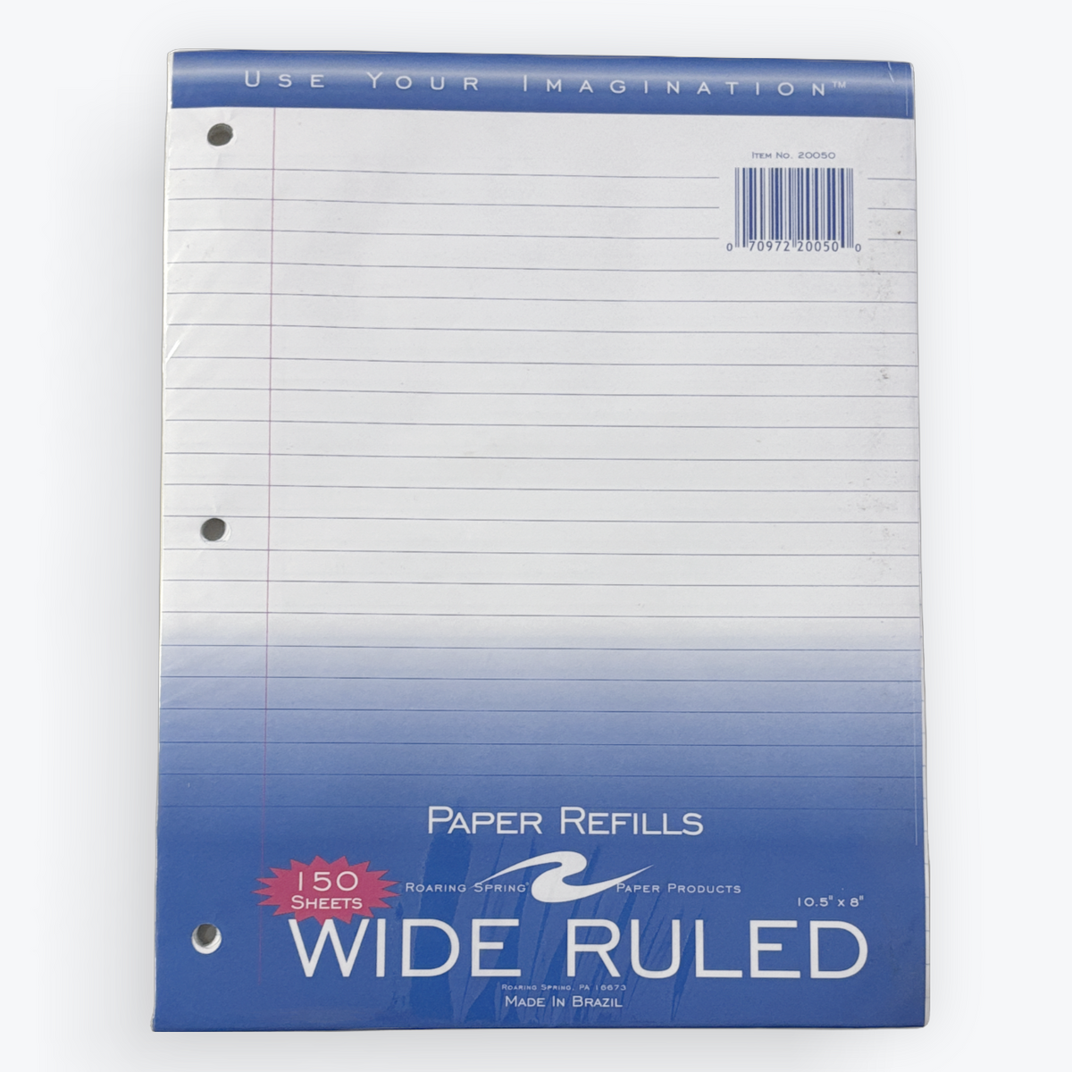 A pack of wide ruled paper refills with a blue gradient cover, showing 150 sheets count and a barcode, on a light gray background.