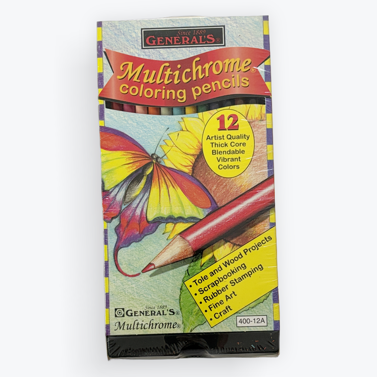 Generals Multichrome coloring pencils in a 12-pack, featuring a colorful butterfly and pencil illustration on the packaging, set against a plain white background.