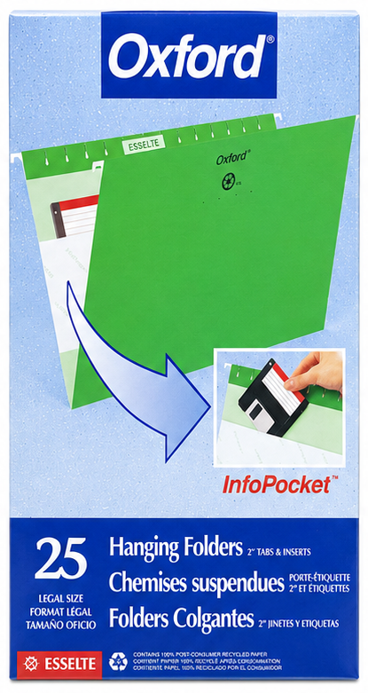 Esselte Oxford Hanging File Folders | Legal Size | Green | Box of 25 | Includes Tabs & Inserts | Professional Filing Cabinet Organization