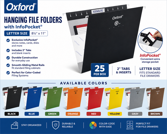 Oxford Letter Hanging File Folders Box of 25 | InfoPocket | Multiple Colors
