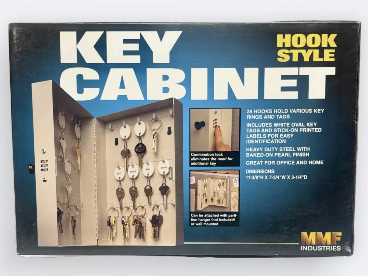 A boxed product labeled 'KEY CABINET' and 'HOOK STYLE' by MME Industries, showing a cabinet interior with hanging key rings and keys on the front of the package.