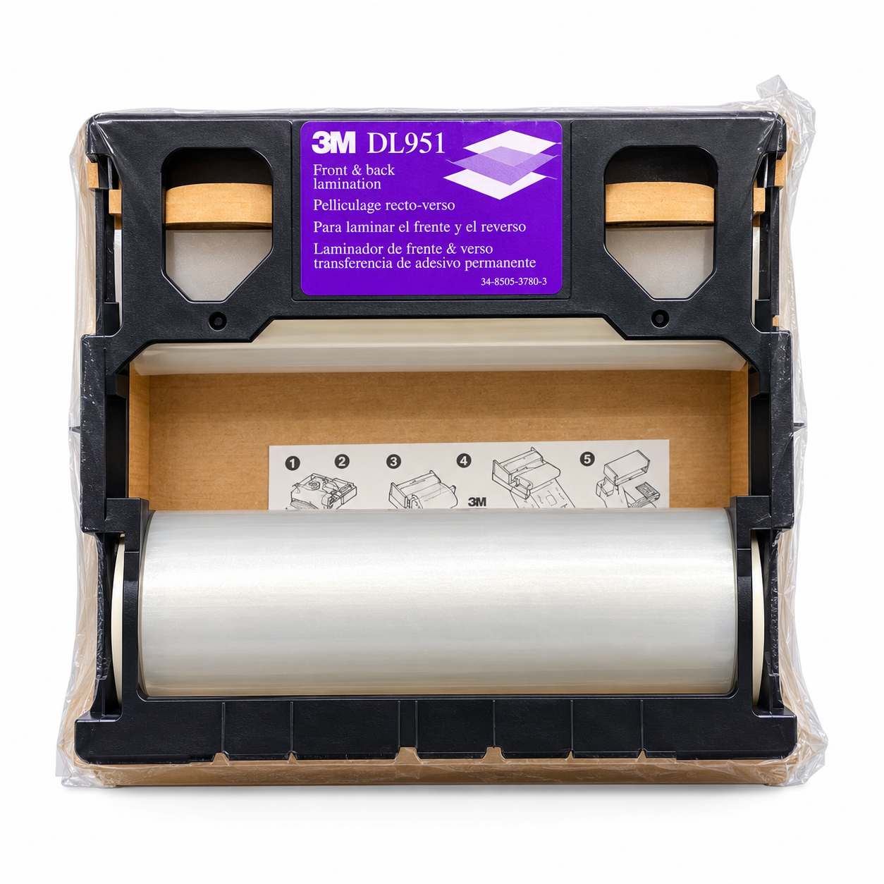A 3M DL951 front and back label lamination machine in black plastic, shown open with a roll of clear lamination film on a white background.