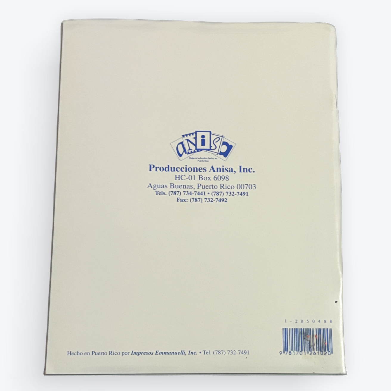 The back cover of a book featuring a beige background with blue text and logo, photographed on a white background.