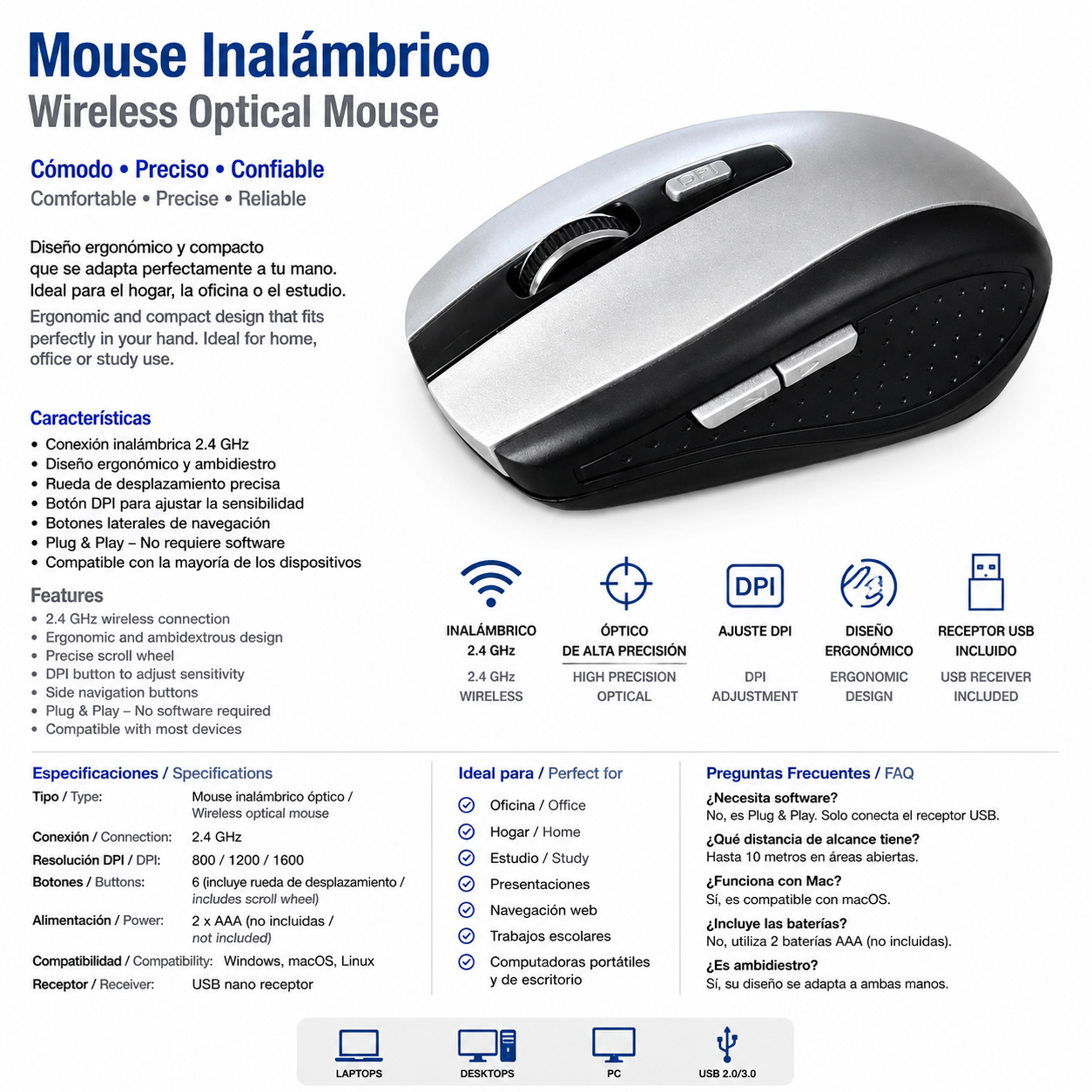 Wireless Optical Computer Mouse | Ergonomic USB Mouse for Laptop & Desktop