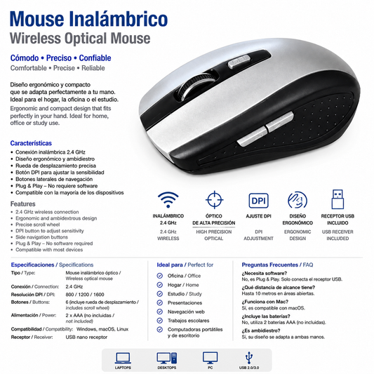 Wireless Optical Computer Mouse | Ergonomic USB Mouse for Laptop & Desktop
