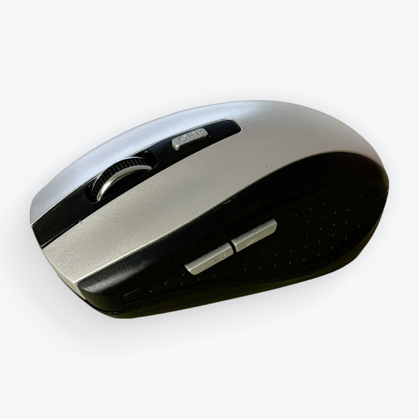 A wireless computer mouse with a silver and black color scheme, shown from an elevated angle on a light gray background.