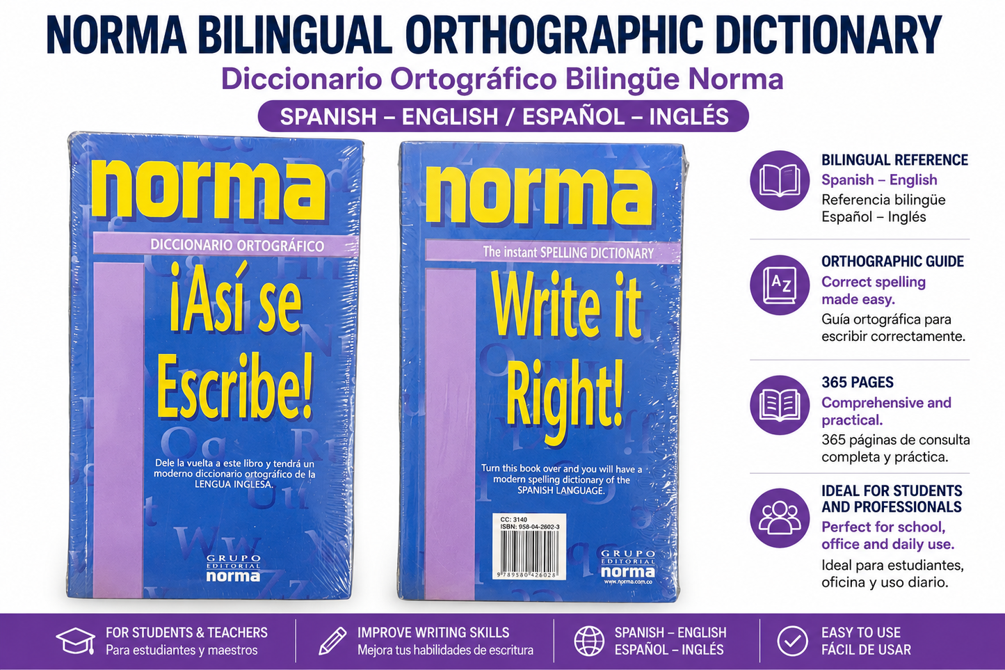Norma Diccionario Ortográfico Bilingüe Español–Inglés / Inglés–Español | ¡Así se Escribe! & Write It Right! | 365 Páginas