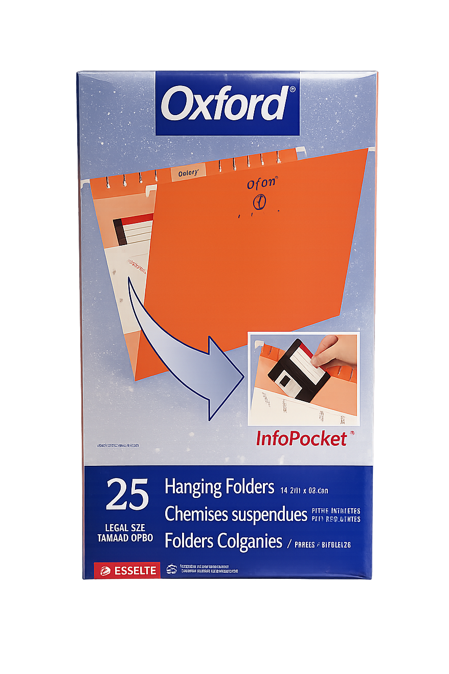 Oxford InfoPocket 25 Hanging Folders in a blue and white retail box, featuring orange folder illustrations and the Oxford and Esselte brand names.