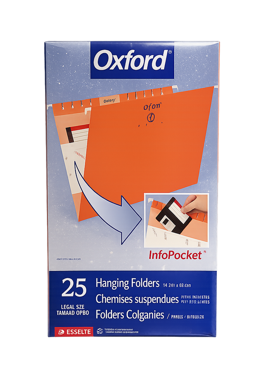 Oxford InfoPocket 25 Hanging Folders in a blue and white retail box, featuring orange folder illustrations and the Oxford and Esselte brand names.