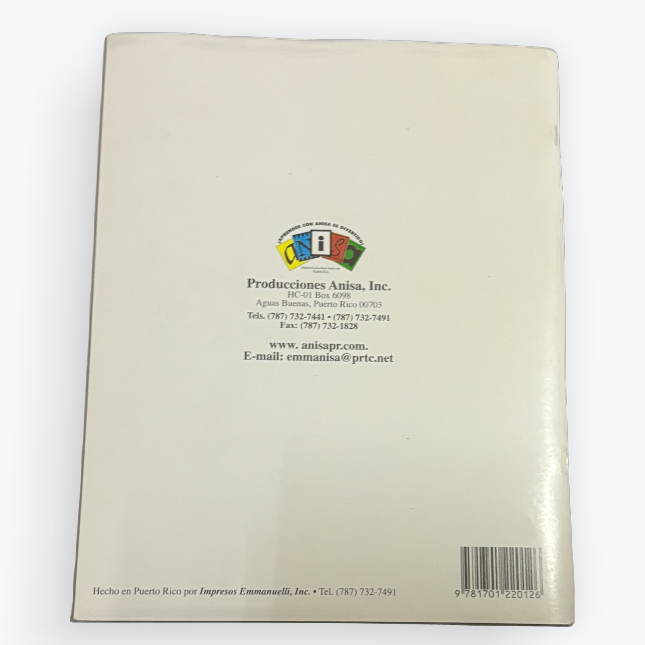 The back cover of a book featuring the ANISA logo and barcode on a light beige background.