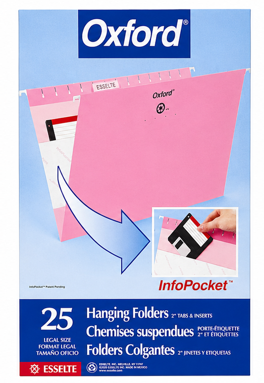 Esselte Oxford Hanging File Folders | Legal Size | Pink | Box of 25 | Includes Tabs & Inserts | Filing Cabinet Organization