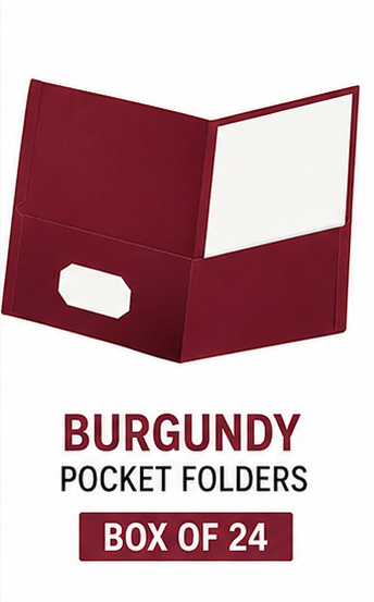 A burgundy pocket folder shown open on a white background, with text below reading 'BURGUNDY POCKET FOLDERS' and 'BOX OF 24'.