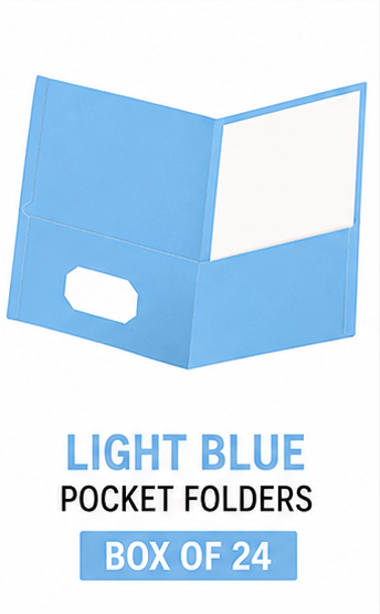 A light blue pocket folder shown open on a white background, with text below reading 'LIGHT BLUE POCKET FOLDERS' and 'BOX OF 24'.