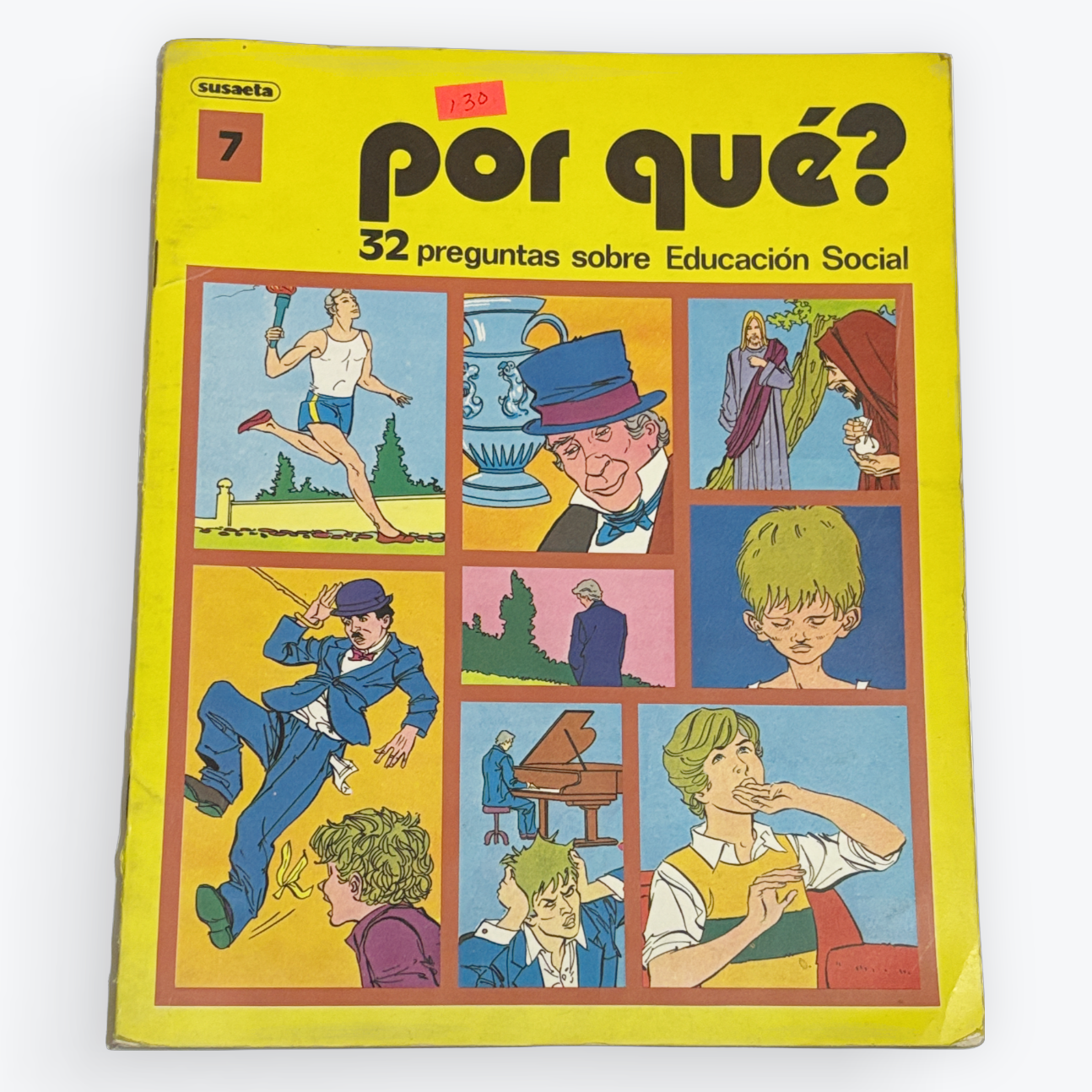 A vintage Spanish-language book titled 'por qué? 32 preguntas sobre Educación Social' with a bright yellow cover, photographed on a plain light gray background.
