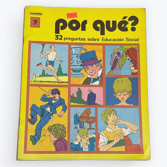 A vintage Spanish-language book titled 'por qué? 32 preguntas sobre Educación Social' with a bright yellow cover, photographed on a plain light gray background.