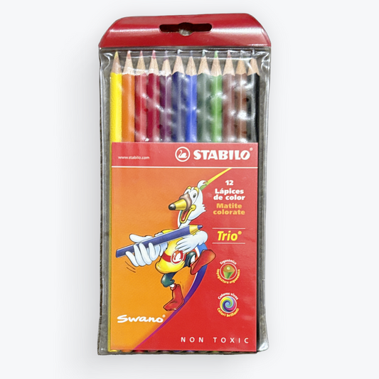 Stabili Trio non-toxic colored pencils in a red and orange packaging box, featuring a cartoon duck illustration and the Stabili brand logo.