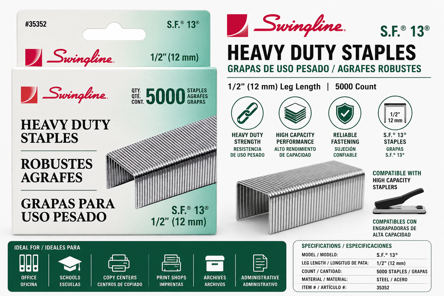 Swingline S.F.® 13 Heavy Duty Staples 1/2" (12mm) | 5,000 Count | For High Capacity Staplers