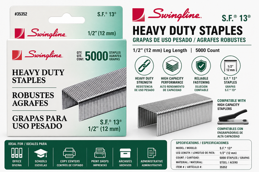 Swingline S.F.® 13 Heavy Duty Staples 1/2" (12mm) | 5,000 Count | For High Capacity Staplers