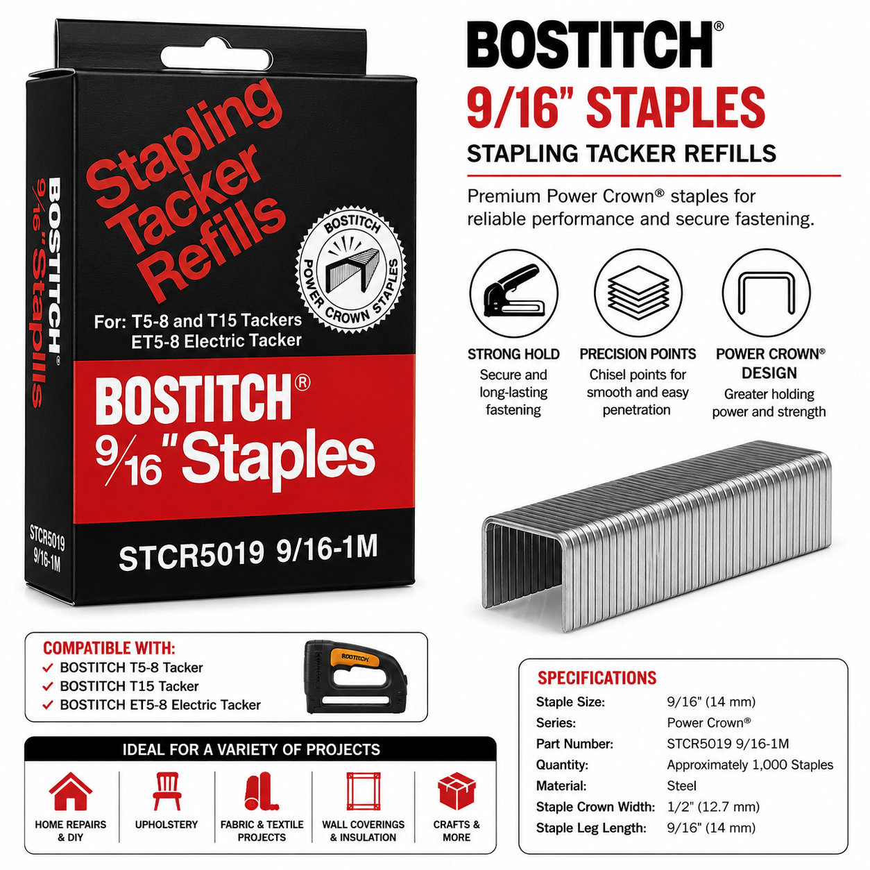 BOSTITCH STCR5019 9/16" (14mm) Power Crown® Staples | 1,000 Count | For T5-8, T15 & ET5-8 Tackers