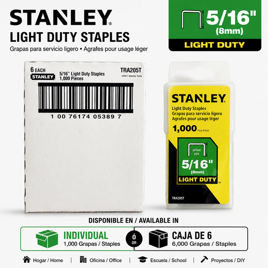 STANLEY Light Duty Staples 5/16 inch (8 mm) white paper staples, 1,000 count. Shown with its white cardboard packaging box, a clear plastic clamshell bottle of the staples, and a green and black size/specification badge.