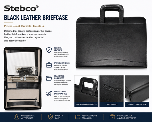 Stebco black leather briefcase shown in a composite product listing graphic with multiple views, feature callouts, and text describing its durability, organization, and professional appearance.