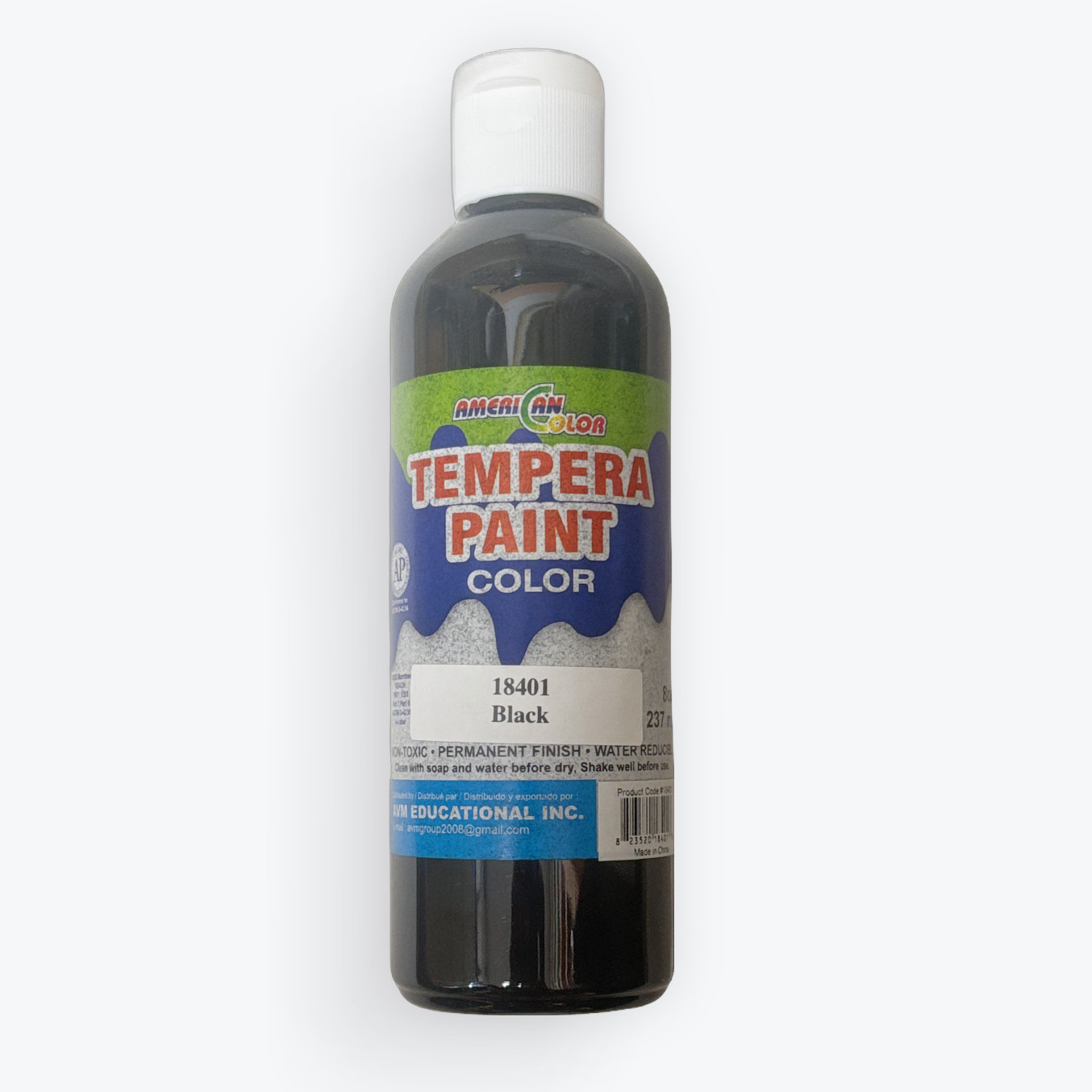 A bottle of Master Color Brand Tempera Paint in the shade 18401 Black, featuring a white cap and a label with green, red, and blue sections, set against a plain white background.