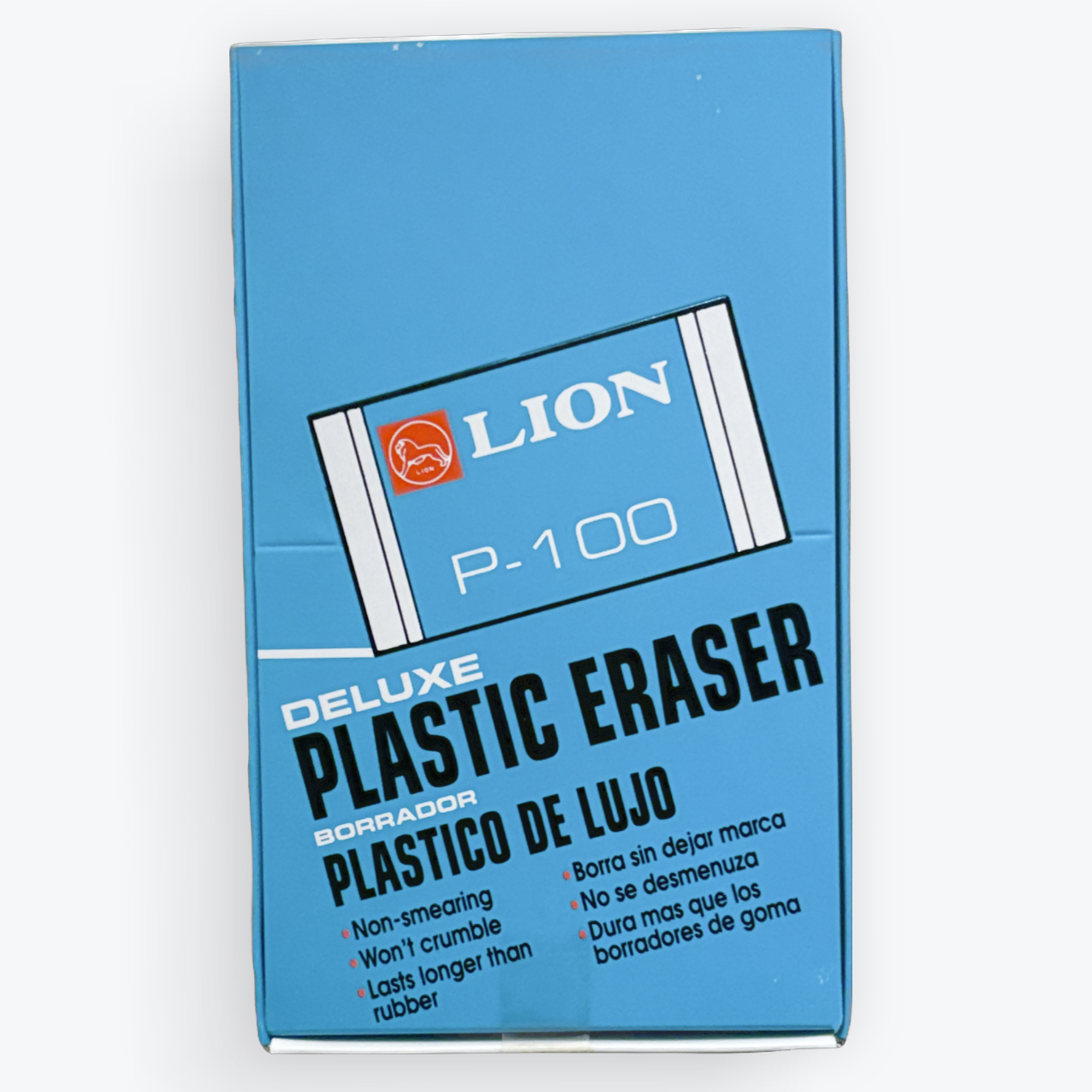 A blue box of Lion P-100 Deluxe Plastic Eraser, shown on a clean white background.