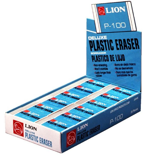 A retail display box of Lion P-100 Deluxe Plastic Eraser, showing multiple individual packs arranged inside a blue and white cardboard display unit.