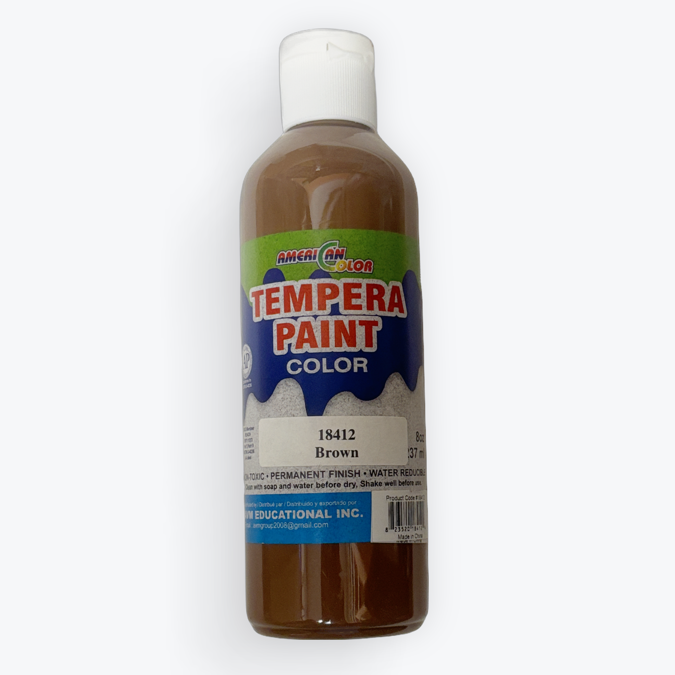 A bottle of Tempera Paint Color in the shade 18412 Brown, featuring a white cap and a label with green, red, and blue sections, set against a plain white background.
