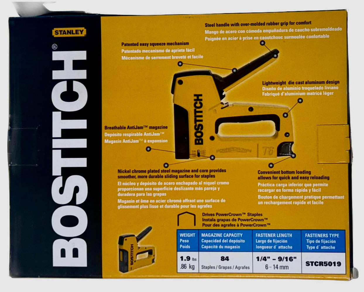 Bostitch Stapler retail packaging box, featuring the Bostitch and Stanley brands on a yellow and black background with product details and illustrations.