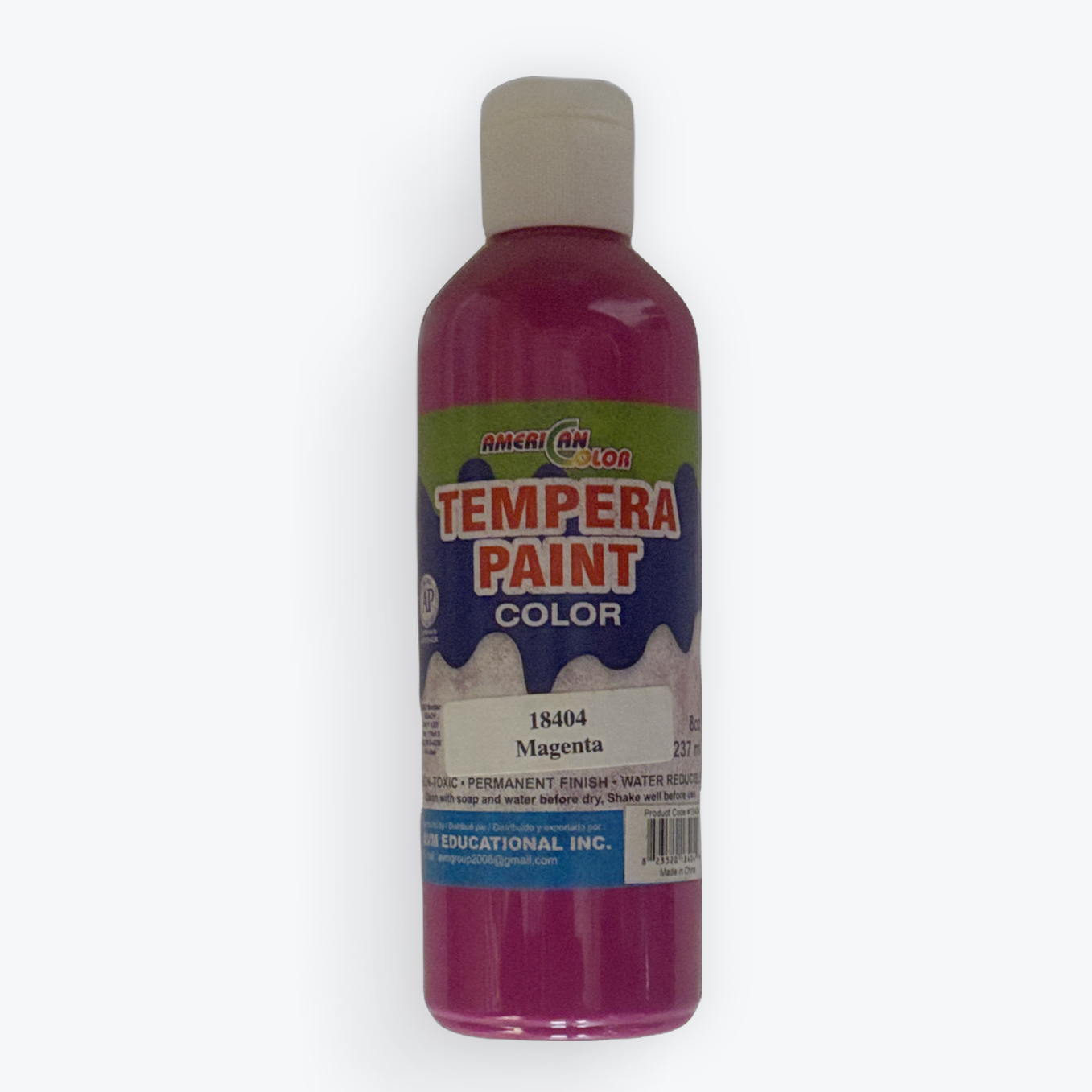 A bottle of International Tempera Paint Color in the shade Magenta, featuring a white cap and a label with red, blue, and green accents, set against a plain white background.