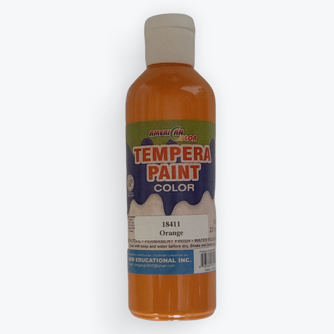 A bottle of orange paint with a white cap and a colorful label reading 'Tempera Paint Color' and 'Orange', shown on a light gray background.