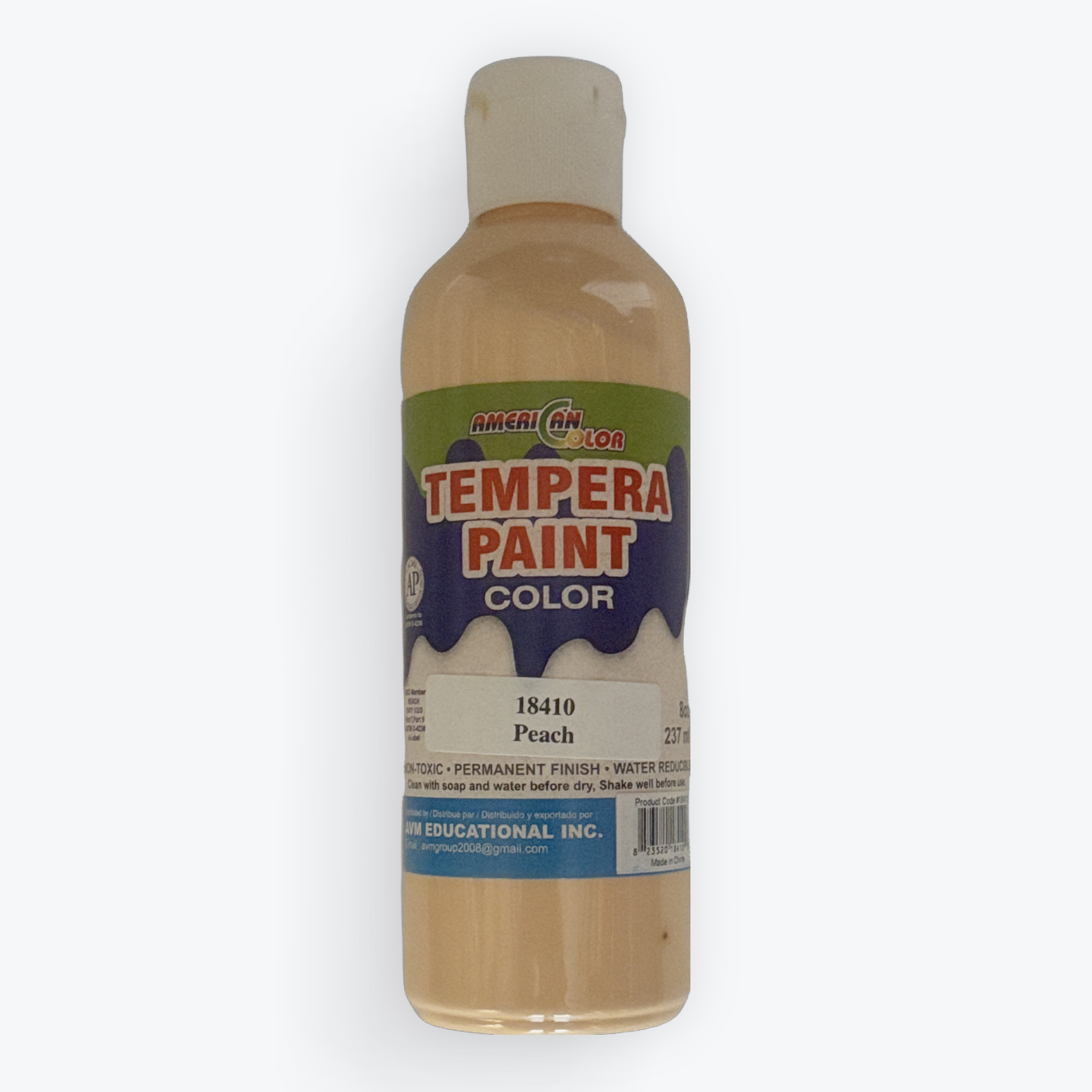 A bottle of Tempera Paint in the shade 'Frank' (18419) by Great Value. The paint is a warm, light peach-beige color visible through the clear bottle, with a white cap and a green, white, and blue label.