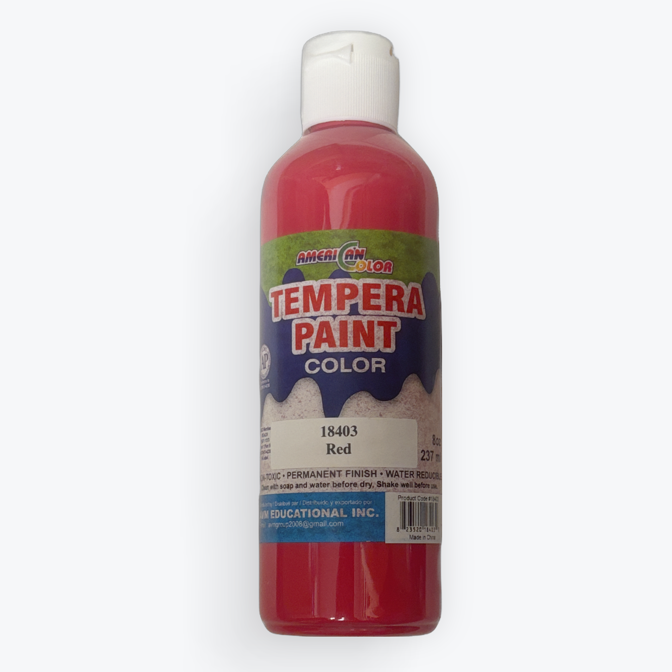 A bottle of Watercolor Tempera Paint in the shade Red, featuring a white cap and a label with red, blue, and white graphics, set against a plain white background.