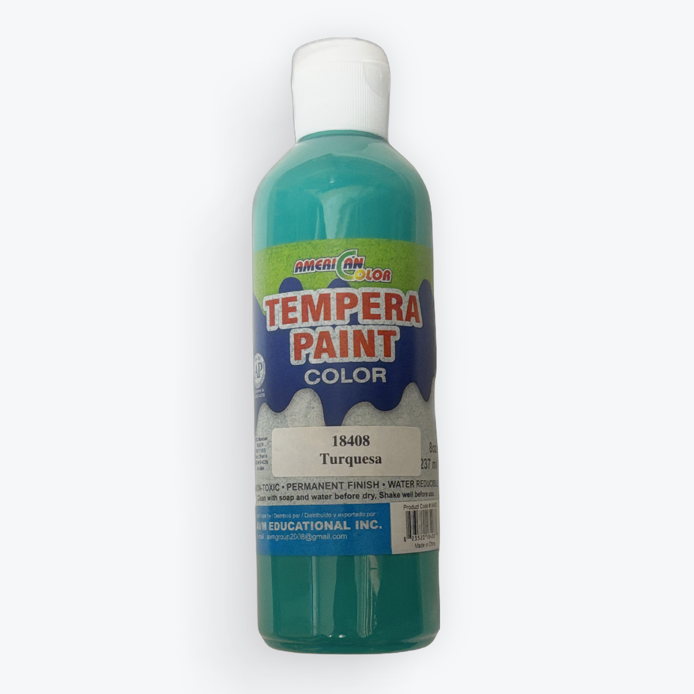 A bottle of Watercolor Paint by Watercolor Ink Corporation in the shade Terragon, featuring a turquoise green paint inside, a white cap, and a colorful label on a light gray background.