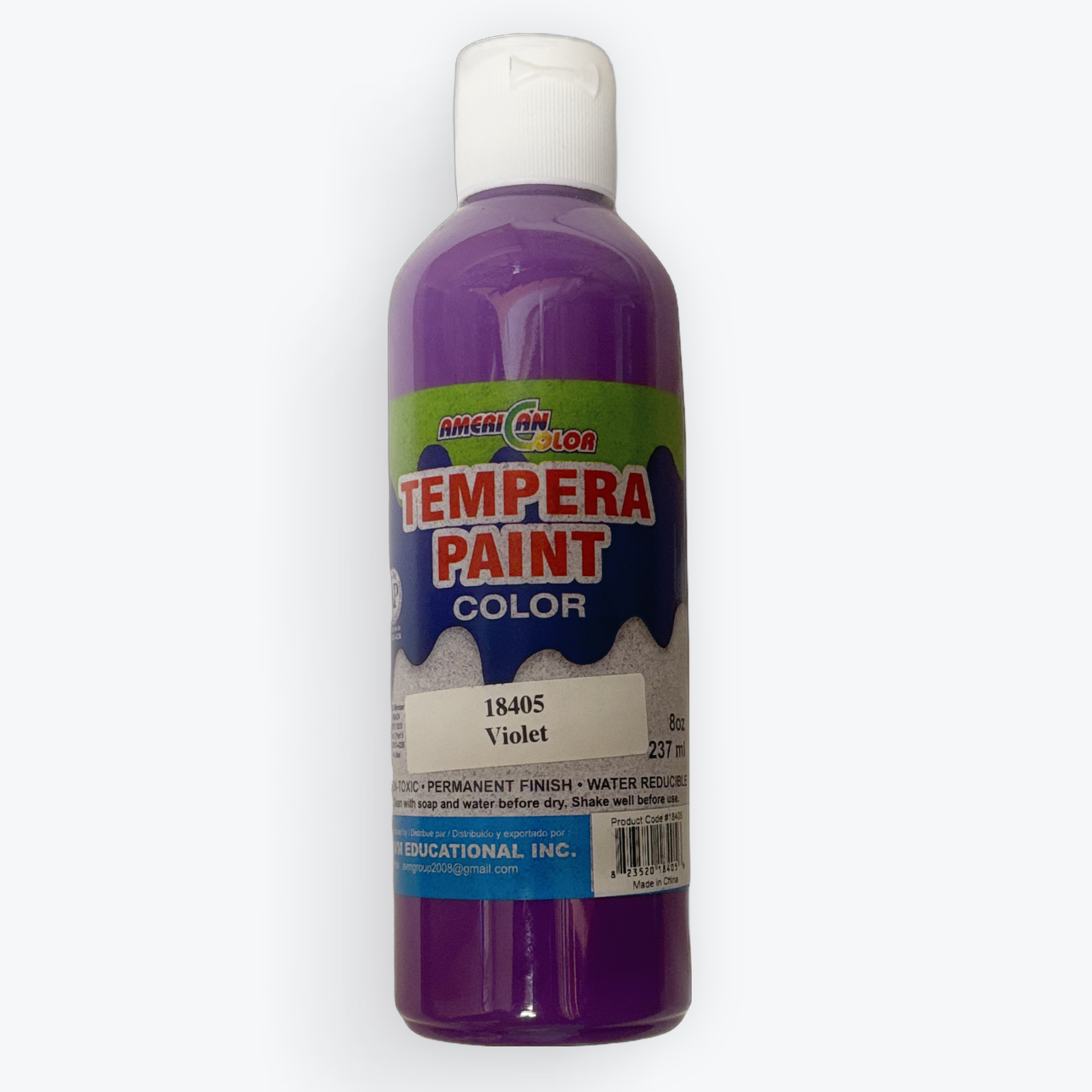 A bottle of Tempera Paint in the shade 'Images Violet' by Artisan Colors, featuring a purple liquid inside a clear bottle with a white cap and a colorful label.
