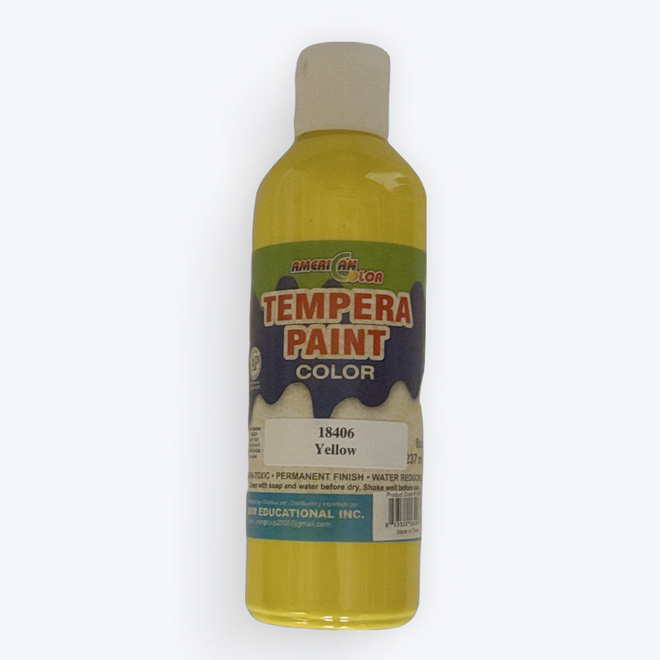 A bottle of Tempera Paint Color in the shade Yellow, featuring a translucent yellow body and a beige cap, set against a plain white background.